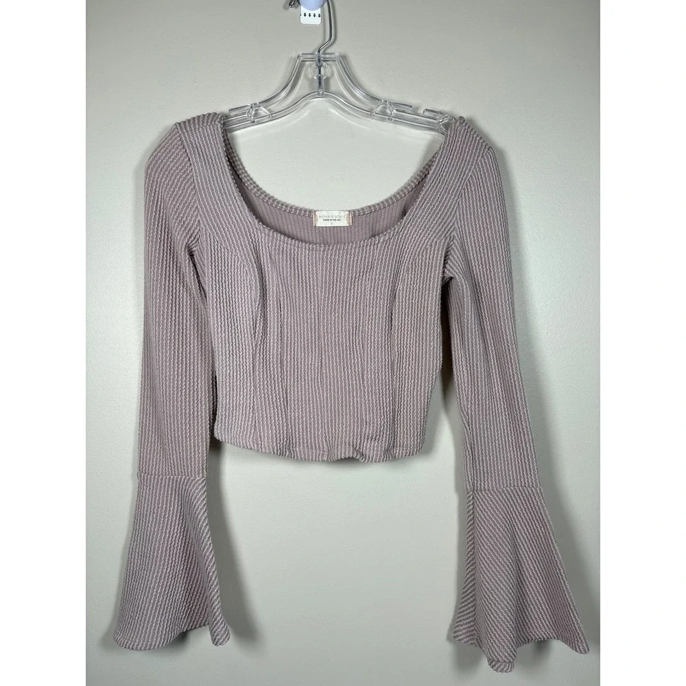 Altar'd State Alina Mauve Ribbed Bell Sleeve Square Neck Crop Top Festival Boho